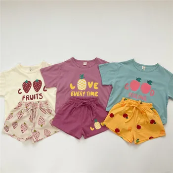 deer jonmi 2023, Летний Корейский стиль, наряды для маленьких девочек с фруктовым буквенным принтом, Футболки, Шорты, 2 предмета, Милые комплекты для малышей