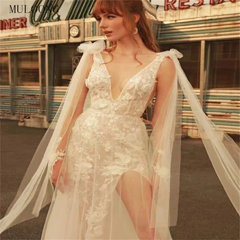 Элегантное свадебное платье MULOONG с глубоким V-образным вырезом, без рукавов, трапециевидной формы, с высоким разрезом, длиной до пола, со шлейфом, Vestidos De Novia
