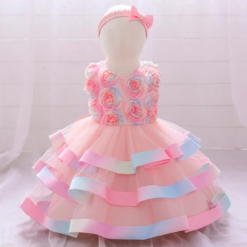 2023 С повязкой на голову Colorfu, платье для крещения на 1-й день рождения для маленькой девочки, платья принцессы с цветами, праздничное платье, детская одежда