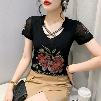 Уличная Корейская женская одежда, футболка, сексуальные высококачественные топы с цветочным рисунком 